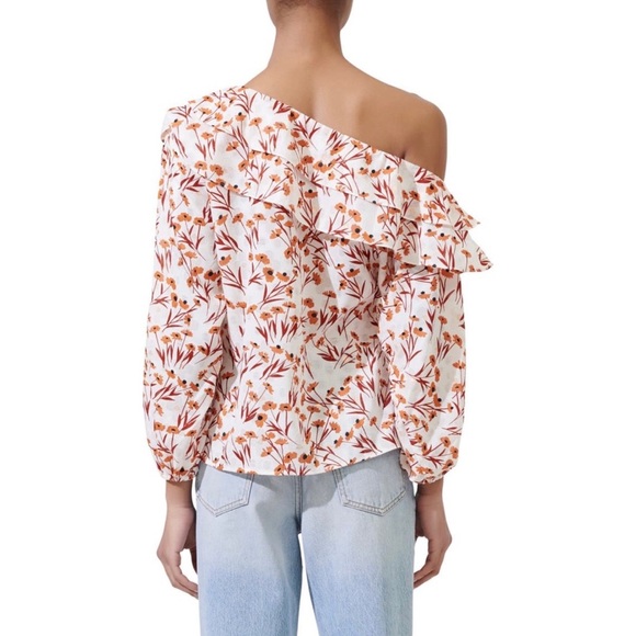 Maje | NWT Laurane Floral Cotton Blend One Shoulder Blouse in Terracotta Size 10 - Picture 2 of 4